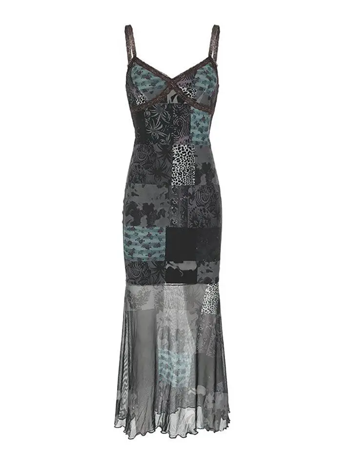 Vintage Asymmetric Print Mesh Cami Maxi Dress