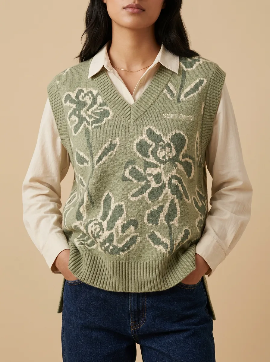 Floral Vneck Textured Sweater Vest