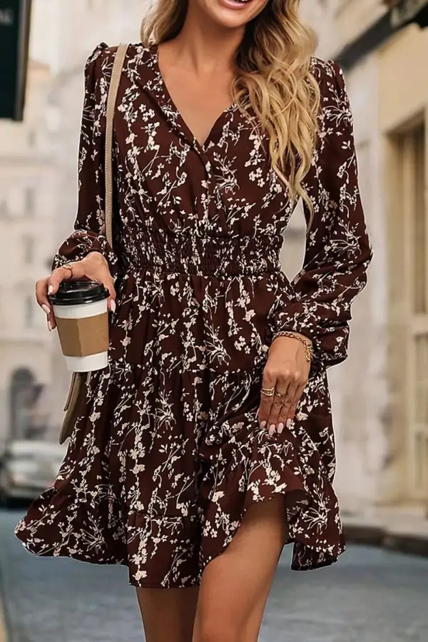 Ditsy Floral Print Split Neck Long Sleeve Shirred Waist Flared Mini Dress