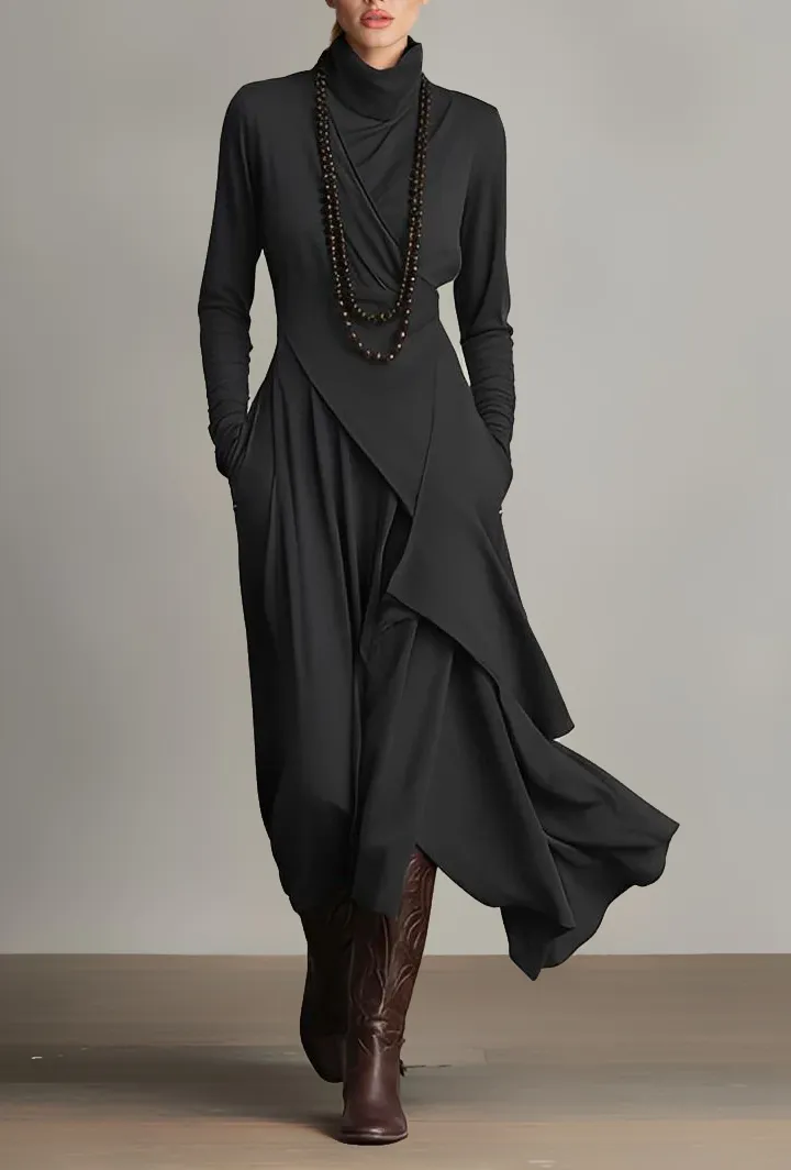 High Neck Drapedd Asymmetric Maxi Dress