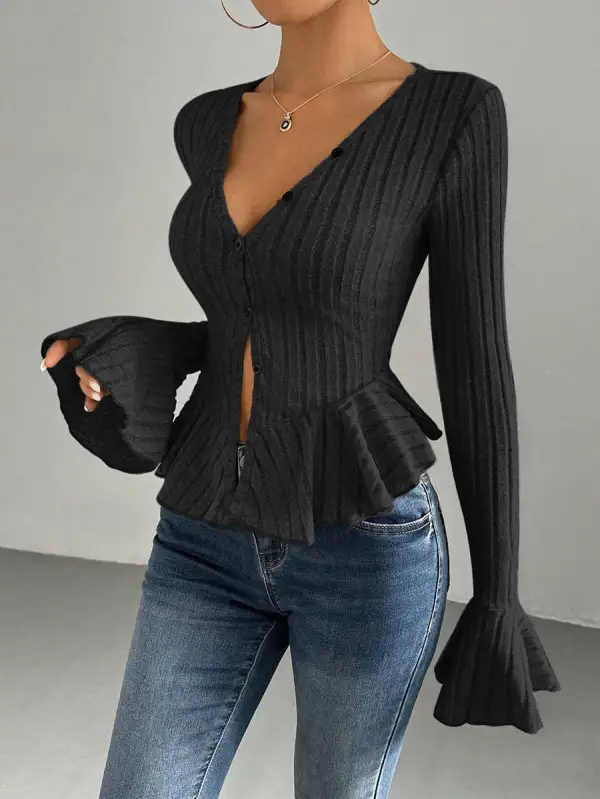 Flared Sleeve Long Sleeve Button Detail Ruffle Panel Detail Deep V-Neck T-Shirt