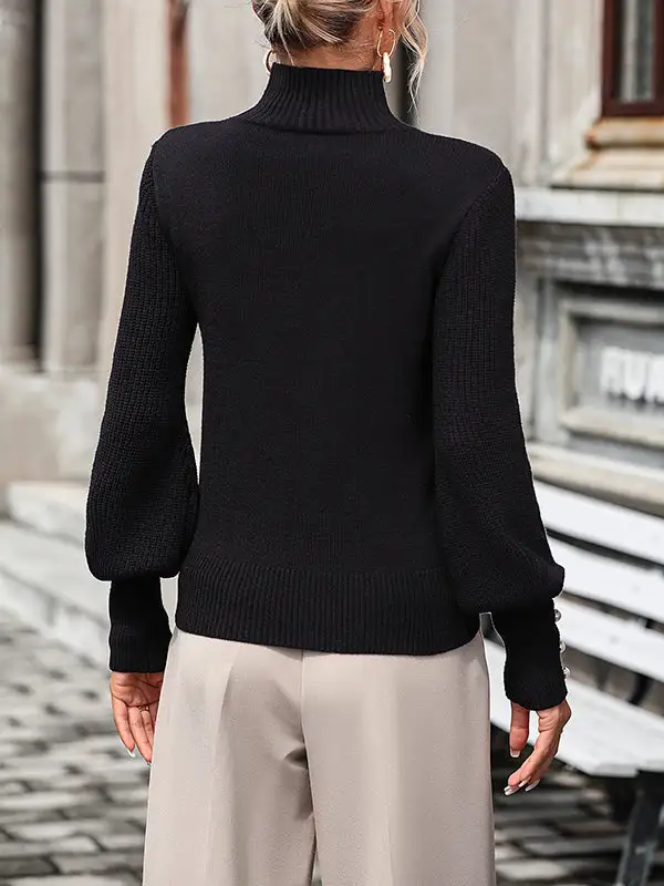 Beaded Paneled High Neck Long Sleeve Relaxed Fit Pullover Sweater