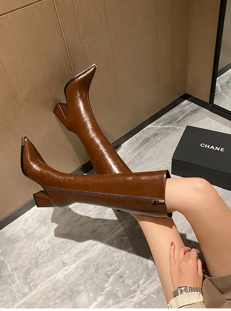 Pointed-Toe Square-Heel Knee-High Boots