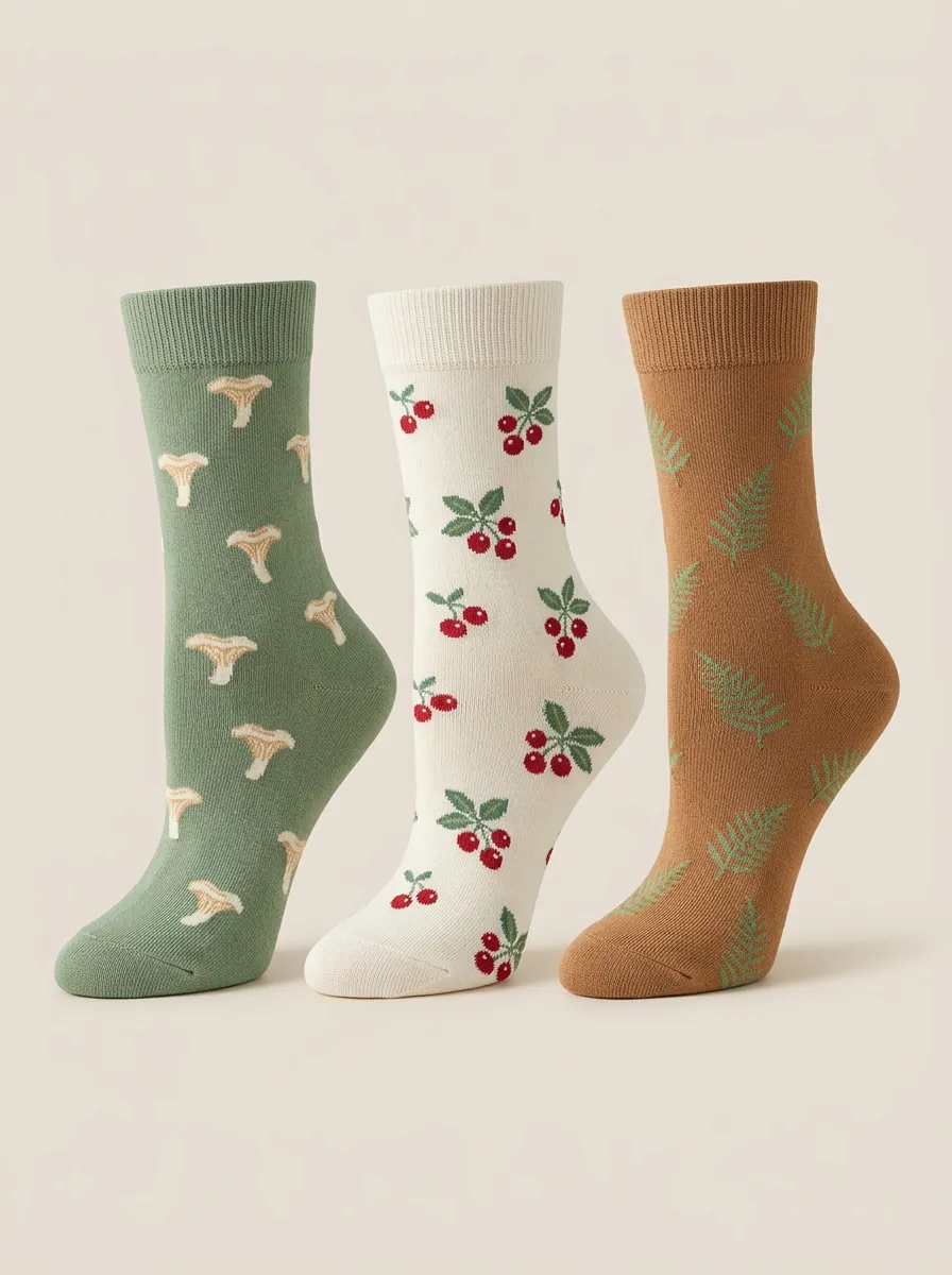 Everyday Mushroom Fern Cherry Three Pair Sock Set