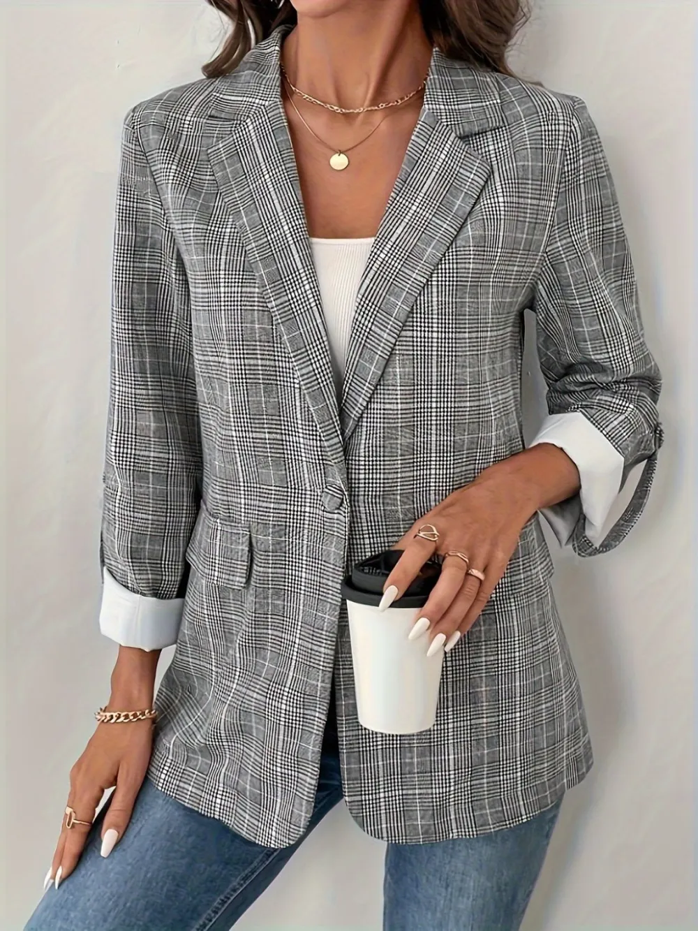 Single-Breasted Lapel-Collar Plaid Blazer
