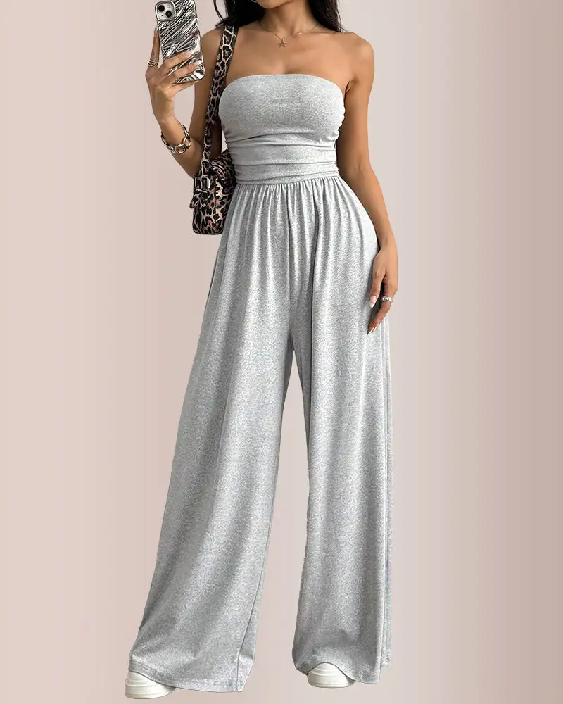 Strapless Ruched-Waist Wide-Leg Jumpsuit