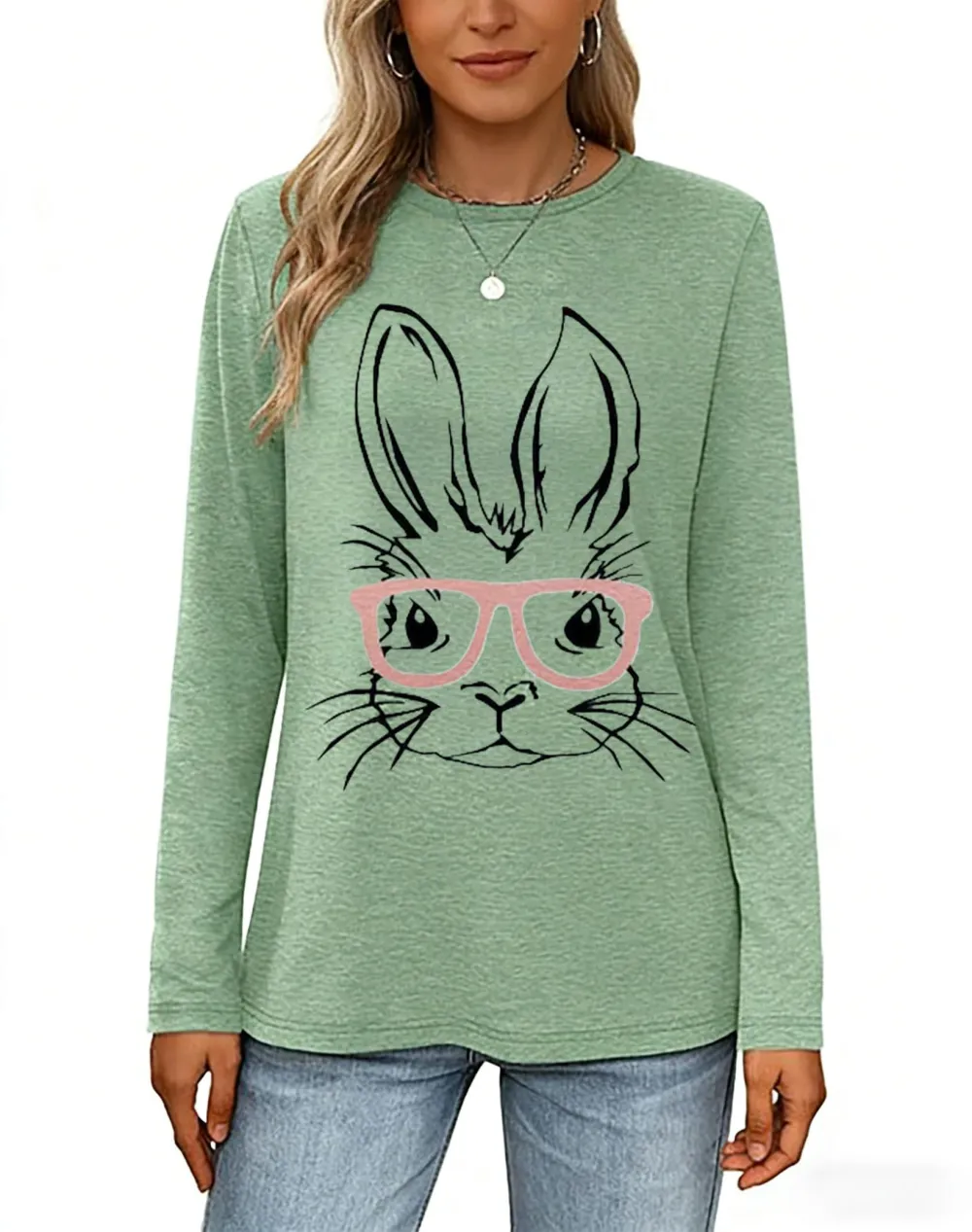 Rabbit With Glasses Print Long Sleeve T-shirt