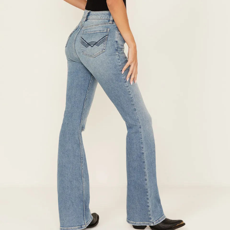 Modern High Rise Flare Stretch Denim Embroidered Jeans
