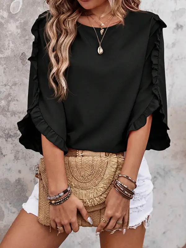 Relaxed Three Quarter Sleeves Ruffle Trim Round Neck T-Shirt