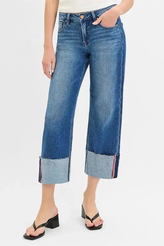 Tummy Control Mid Rise Crop Wide Denim Jeans