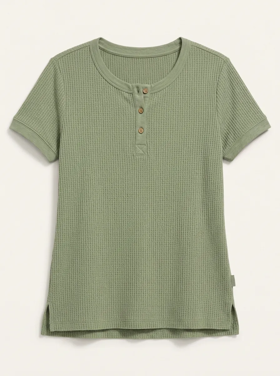 Women's Sage Green Waffle-Knit Henley T-Shirt