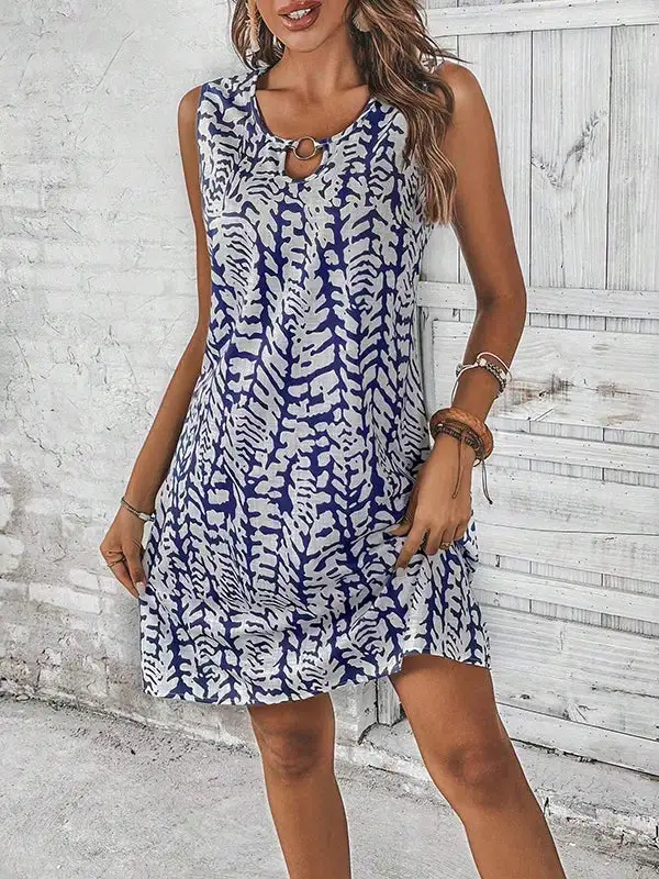 A Line Relaxed Hollow Printed U Neck Mini Dress