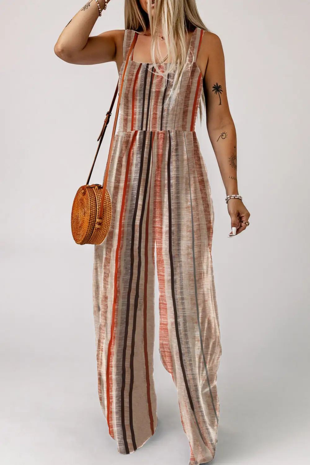 Stripe Square Neck Sleeveless Smocked Bodice Jumpsuit