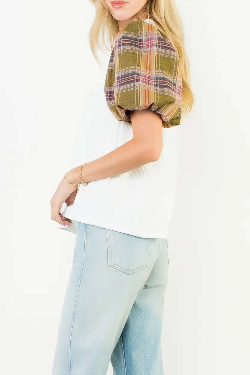 Plaid Ribbed Mixed Media Relaxed Top