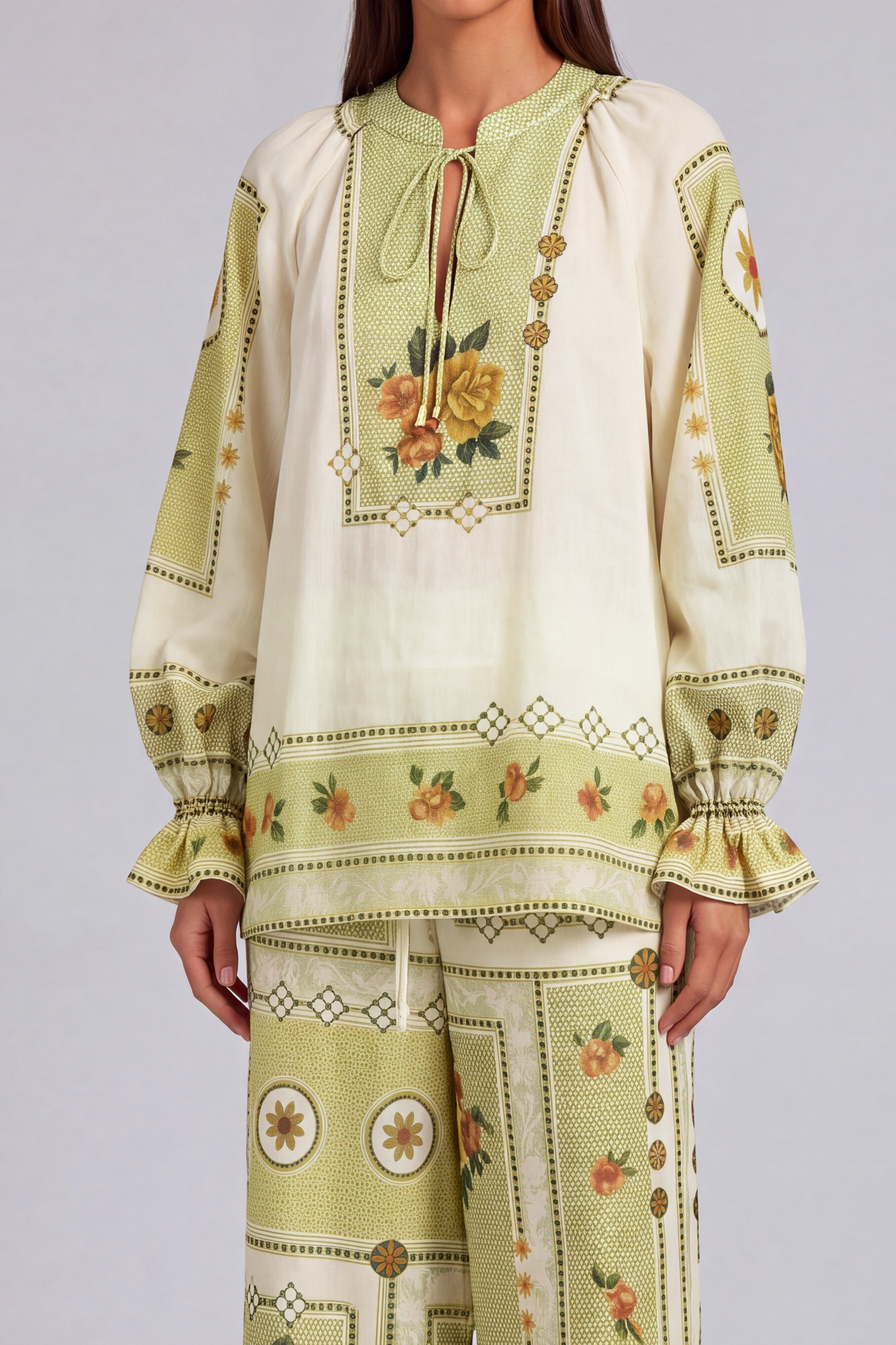 Tie Detail Floral Printed Matching Pants Set