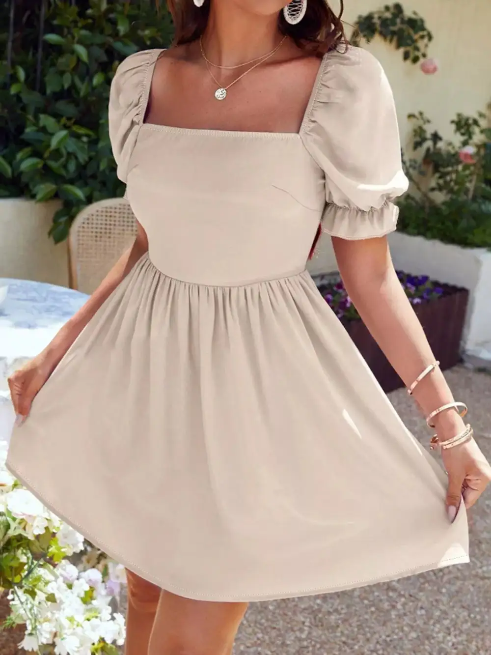 Square Neck Puff Sleeve Mini Dress