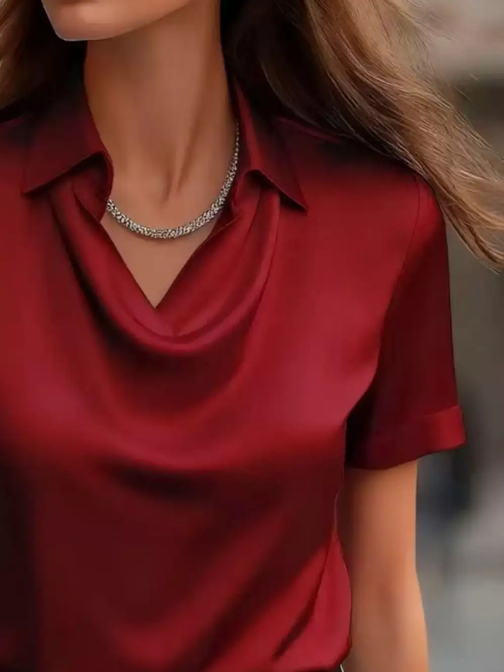 Cowl Neck Short Sleeve Satin Blouse Plus