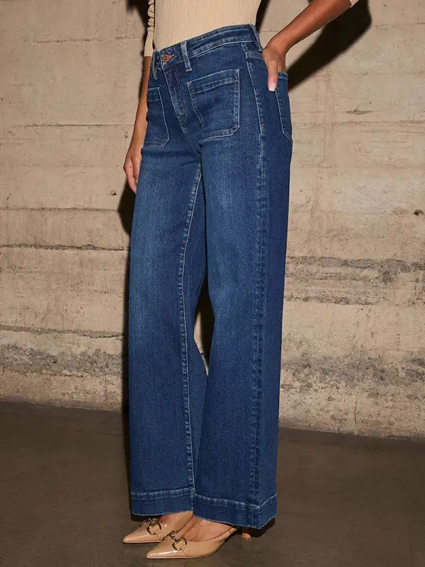 High Waist Wide Leg Seamed Buckle Detail Jeans