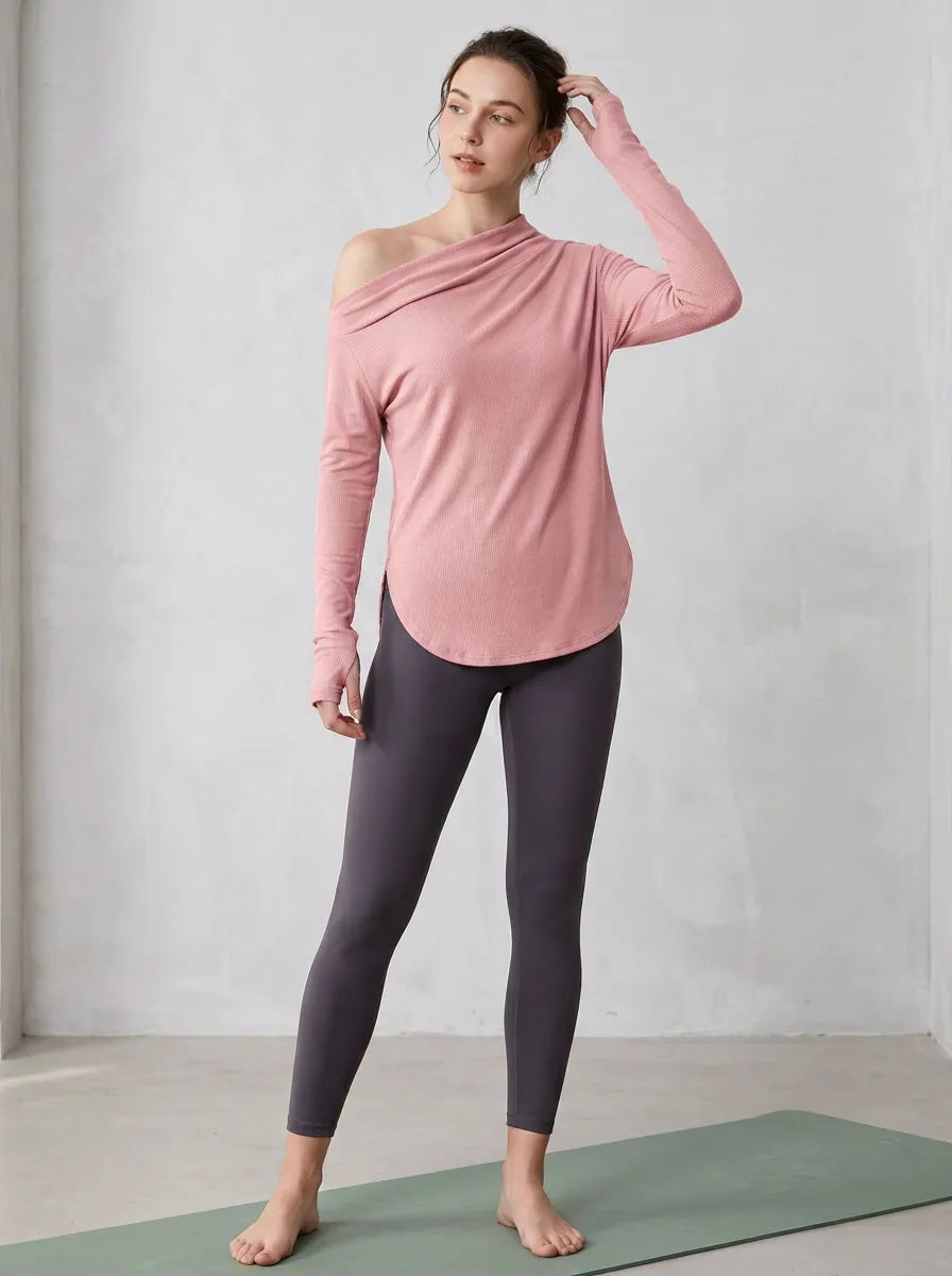 Performance-Inspired Off-Shoulder Graphic Print Modern Look Women's One Shoulder Long Sleeve Yoga Top
