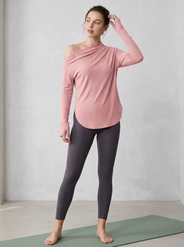 Performance-Inspired Off-Shoulder Graphic Print Modern Look Women's One Shoulder Long Sleeve Yoga Top