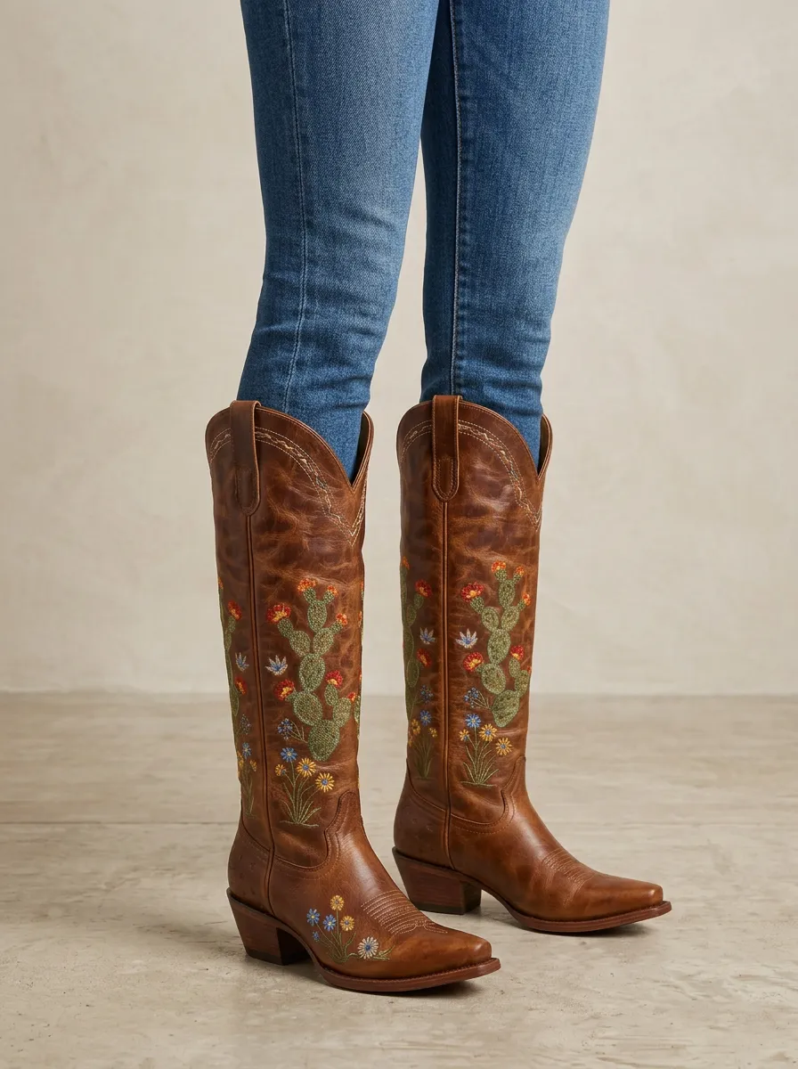 Women's Western Cactus Moon Star Embroidered Embossed Pointed-Toe Denim Over-the-Knee Boots