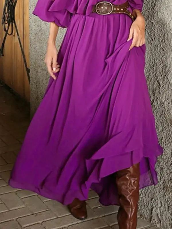 Flared Loose Pleated Neck Maxi Dress