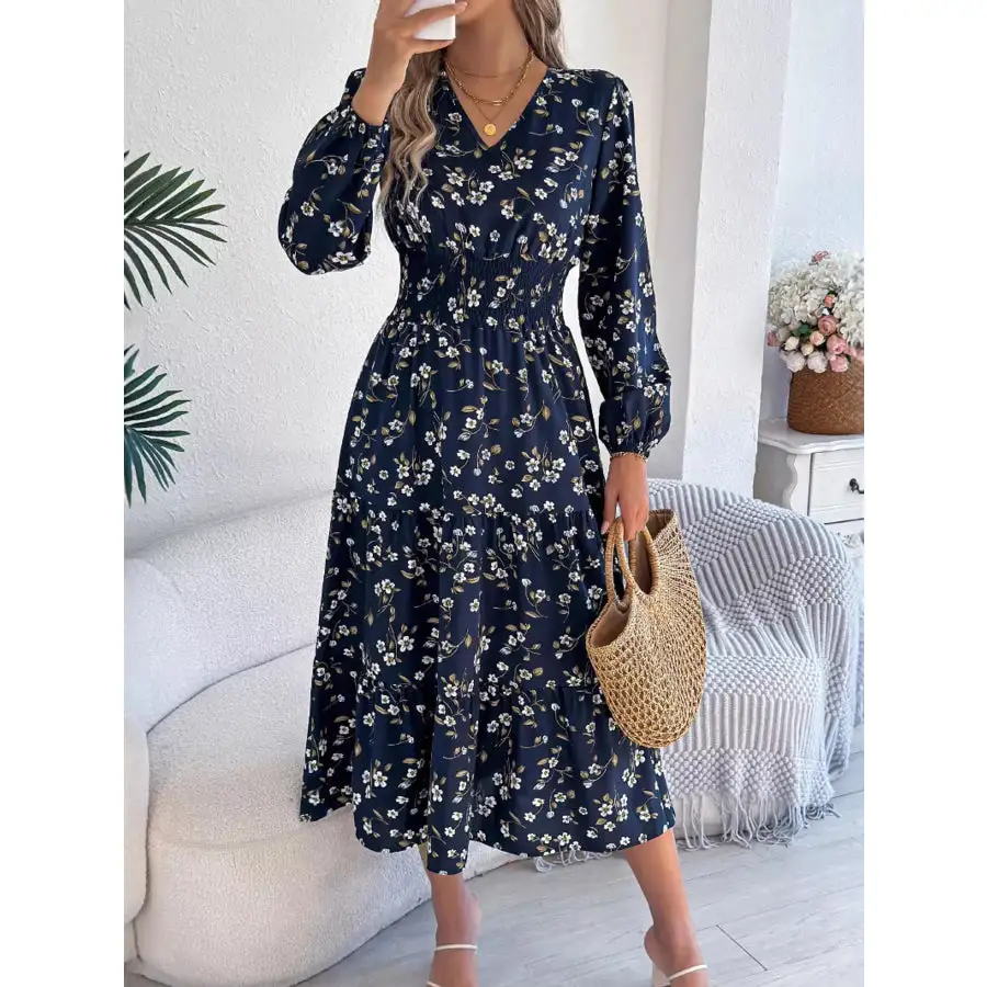 Floral Print Long Sleeve V Neck Midi Dress