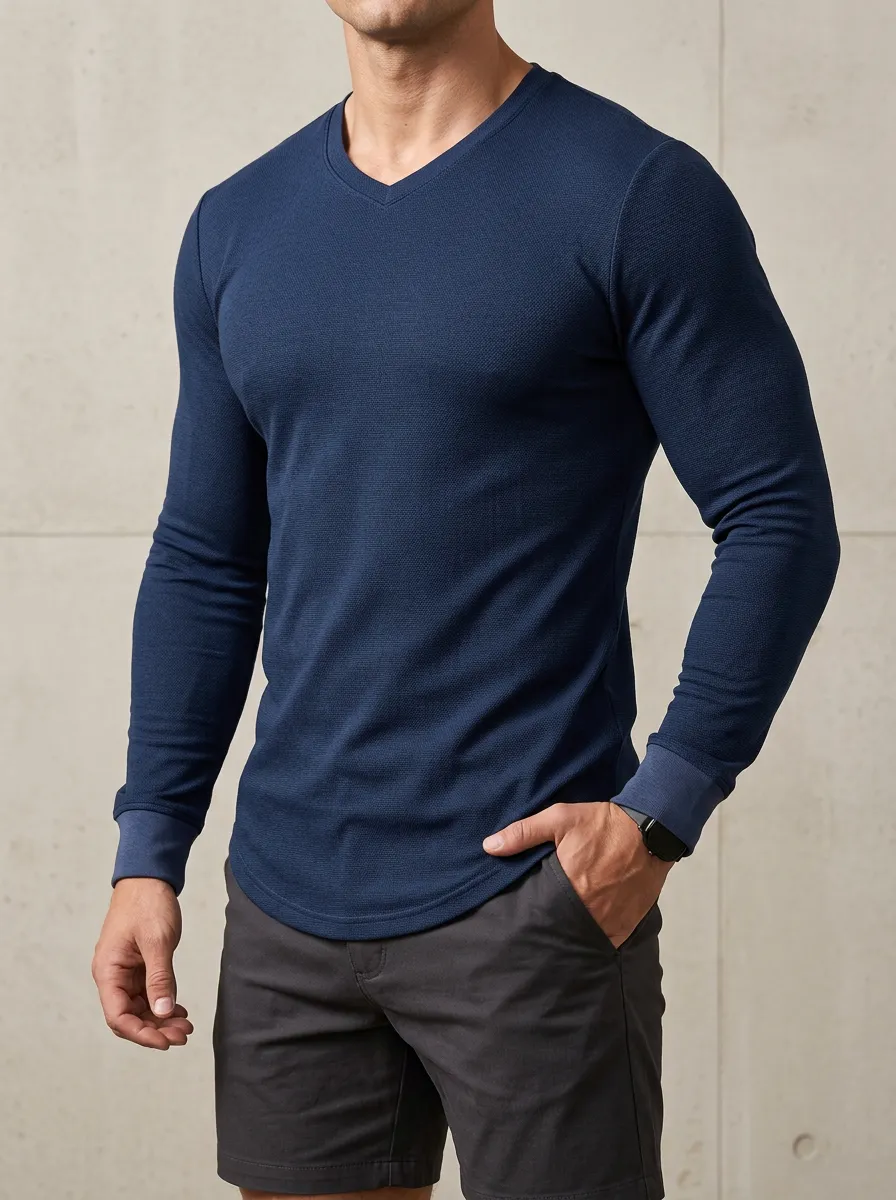 Streamlined Ribbed Textured Curved Hem Clean Look Men's Slim Fit Short Sleeve T-Shirt