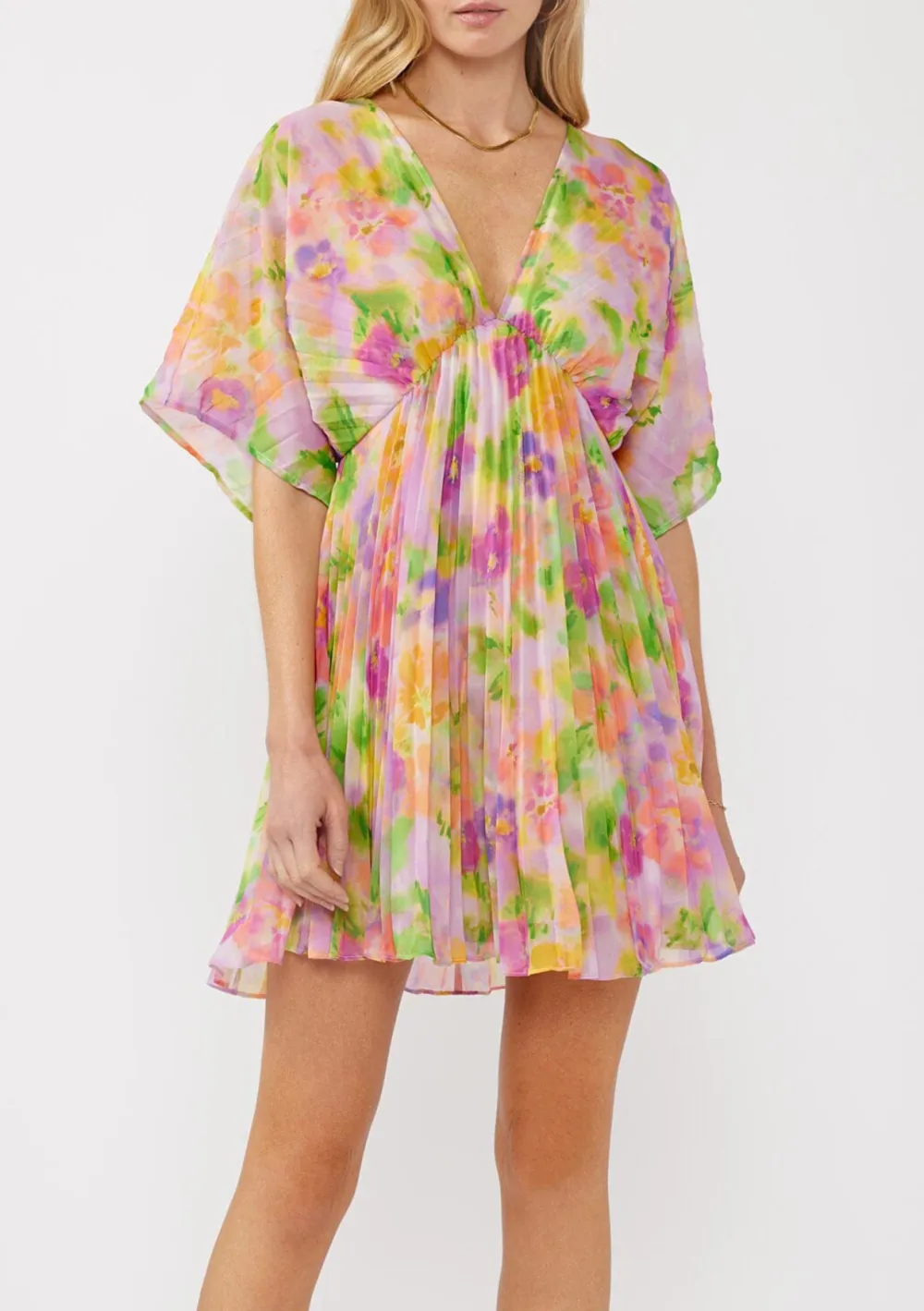 Pleated Floral V-Neck Dress