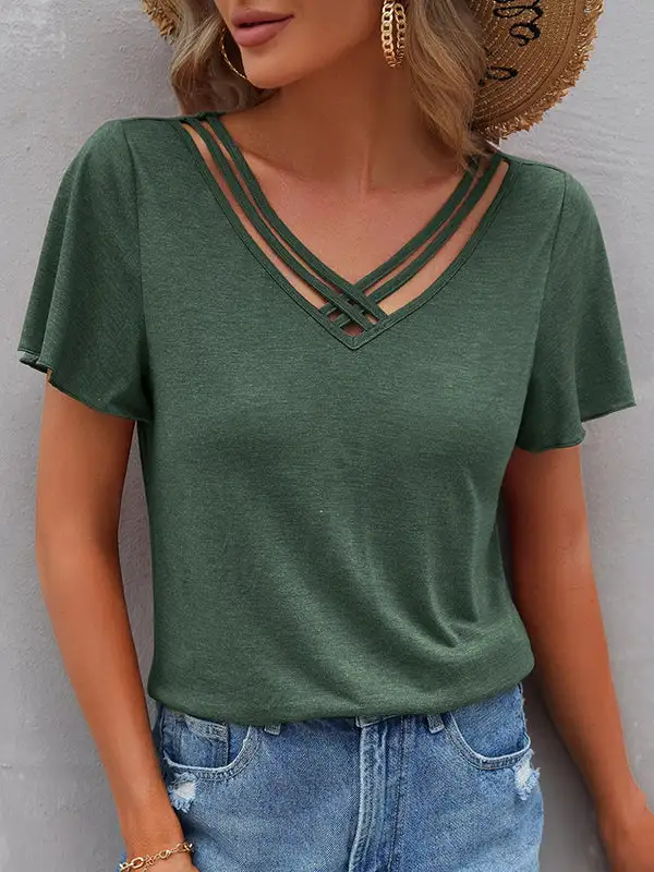 Relaxed Curve Fit Cutout Panel Detail V-Neck Polyester T-Shirt