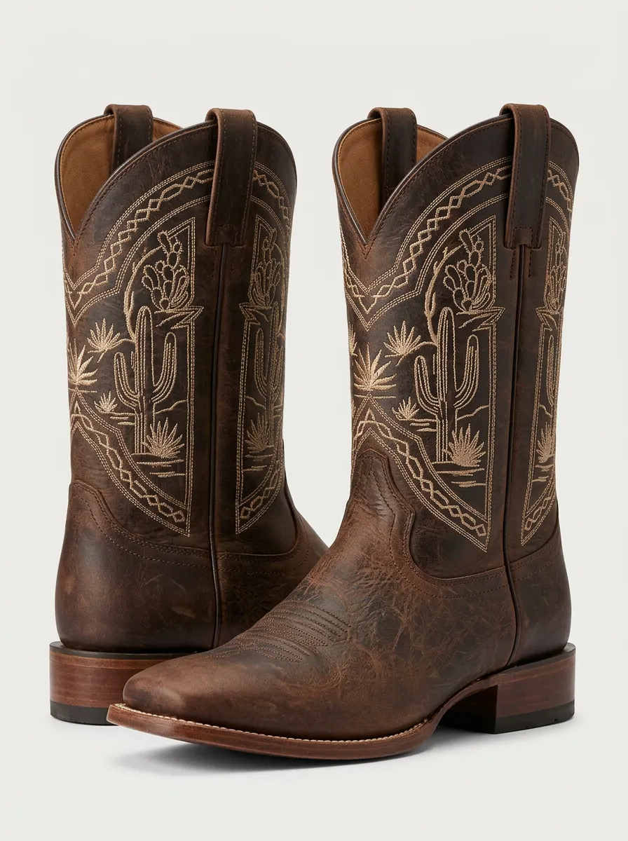 Men's Ranch Inspired Western Cowboy Cactus Embroidered Cowboy Boots