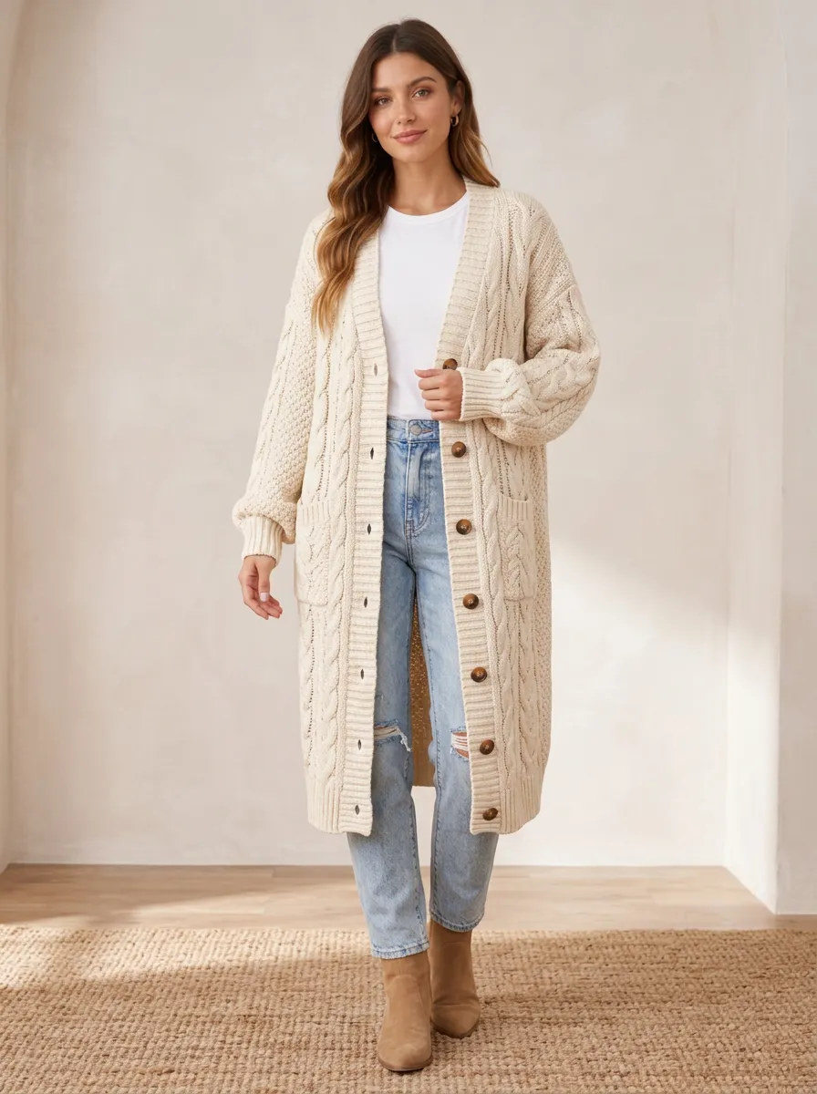 Women's Beige Cable Knit Button Down Long Cardigan Top