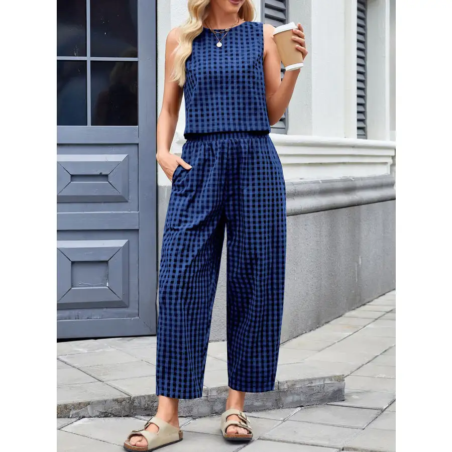 Lovelet Plaid Round Neck Sleeveless Top and Pants Set
