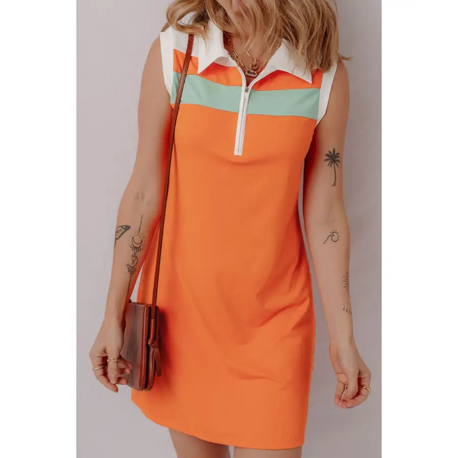 Quarter Zip Collared Neck Sleeveless Mini Dress