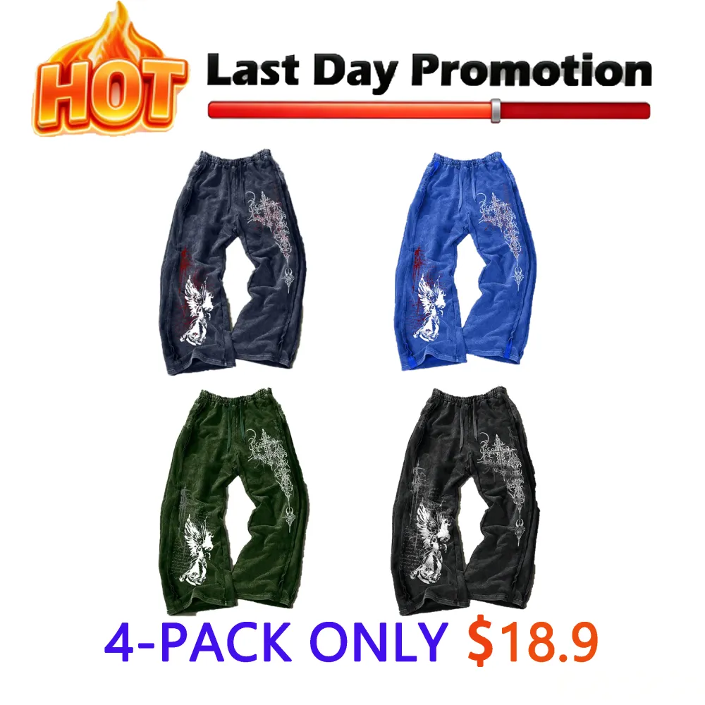 Men's Washed Cotton Sweatpants with Side Stitching, Gothic Pattern, Comfortable Casual Pants for Daily Wear