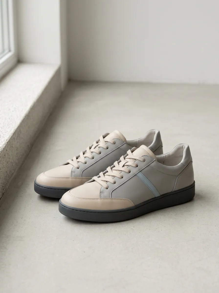 Women's Minimalist Two-Tone Grey Beige Leather Printed Sneakers