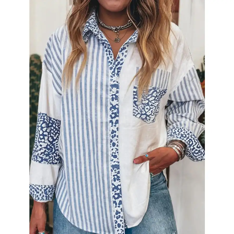 Striped Patchwork Button Down Shirt with Leopard Print Details