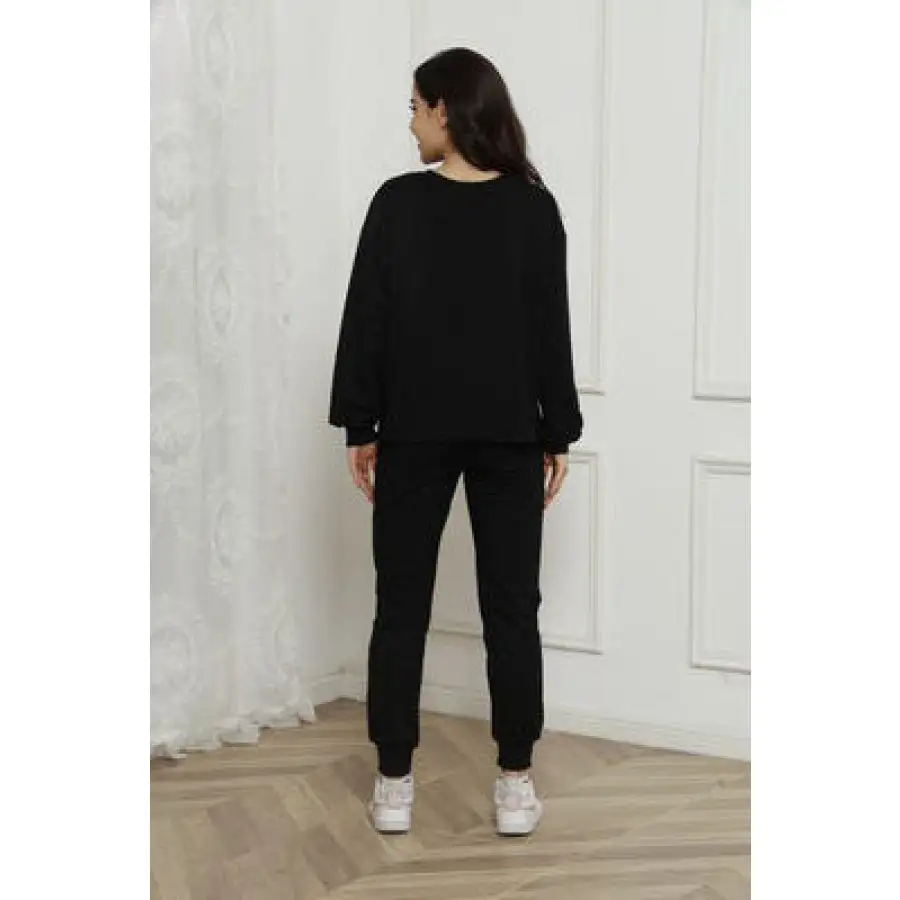Round Neck Long Sleeve Top and Drawstring Pants Set