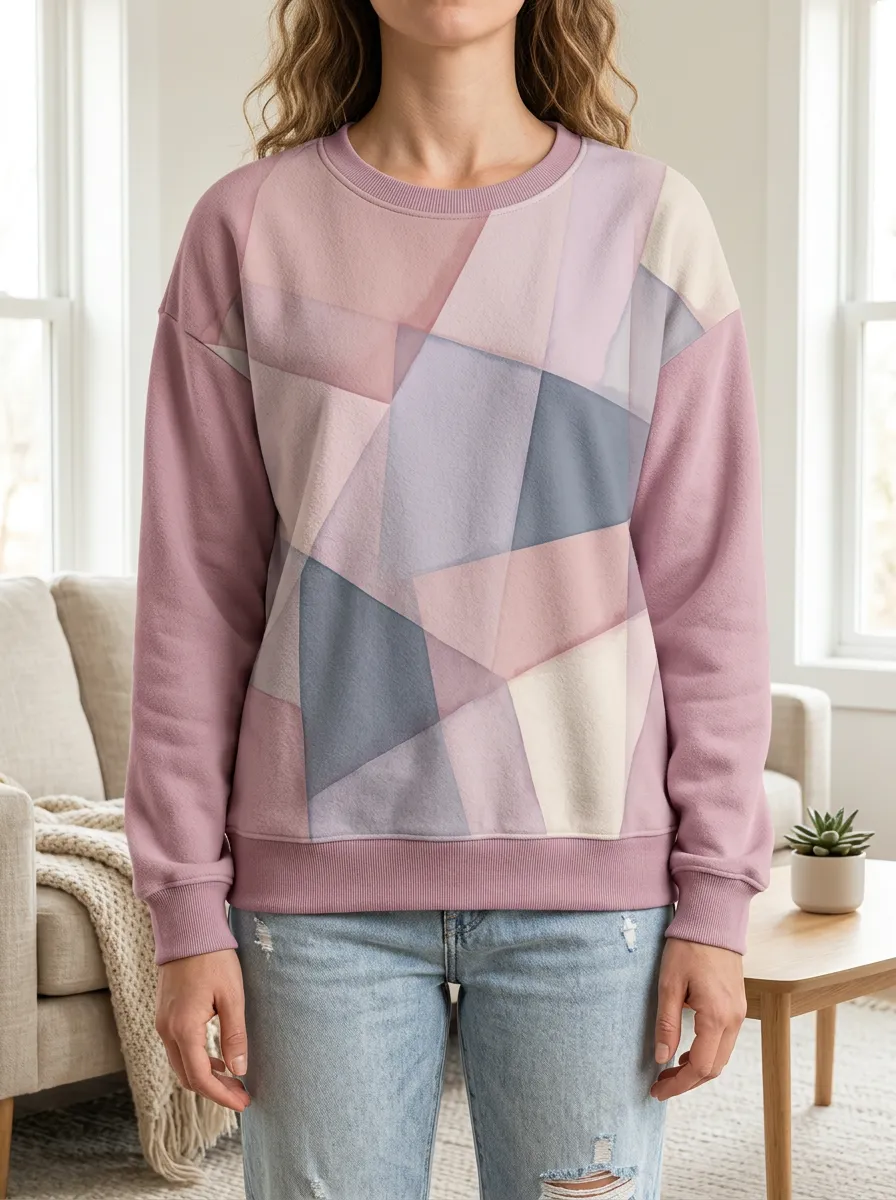 Women's Mauve Geometric Print Crewneck Sweatshirt Fleece
