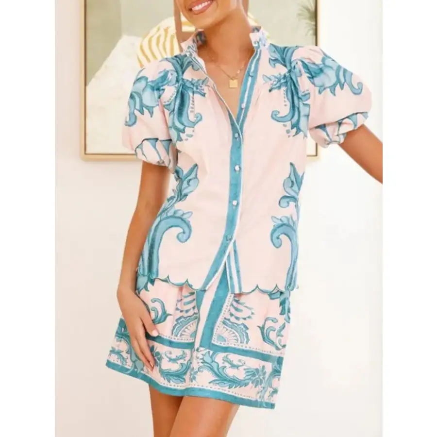 Printed Puff Sleeve Top and Skirt Set
