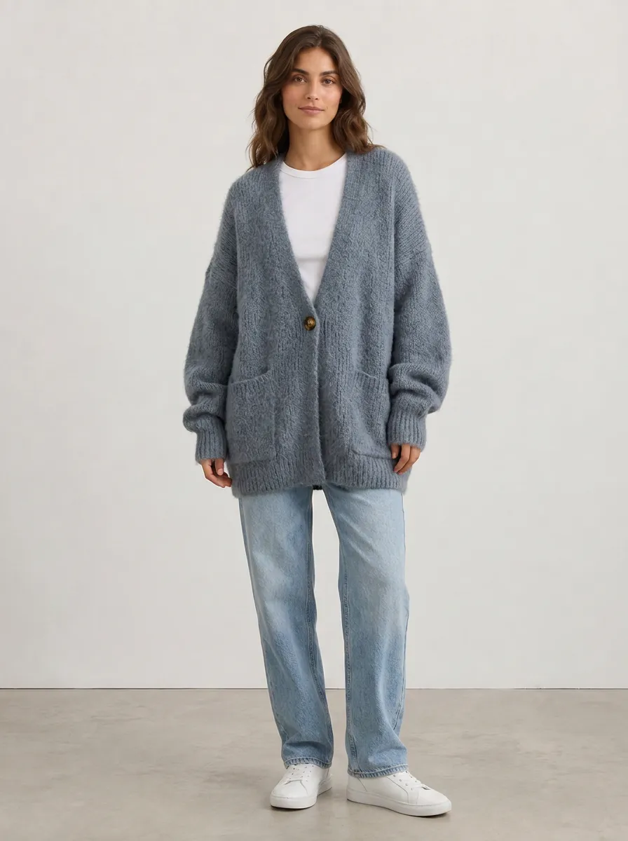 Women's Casual Oversized Blue Knitted Cardigan Sweater