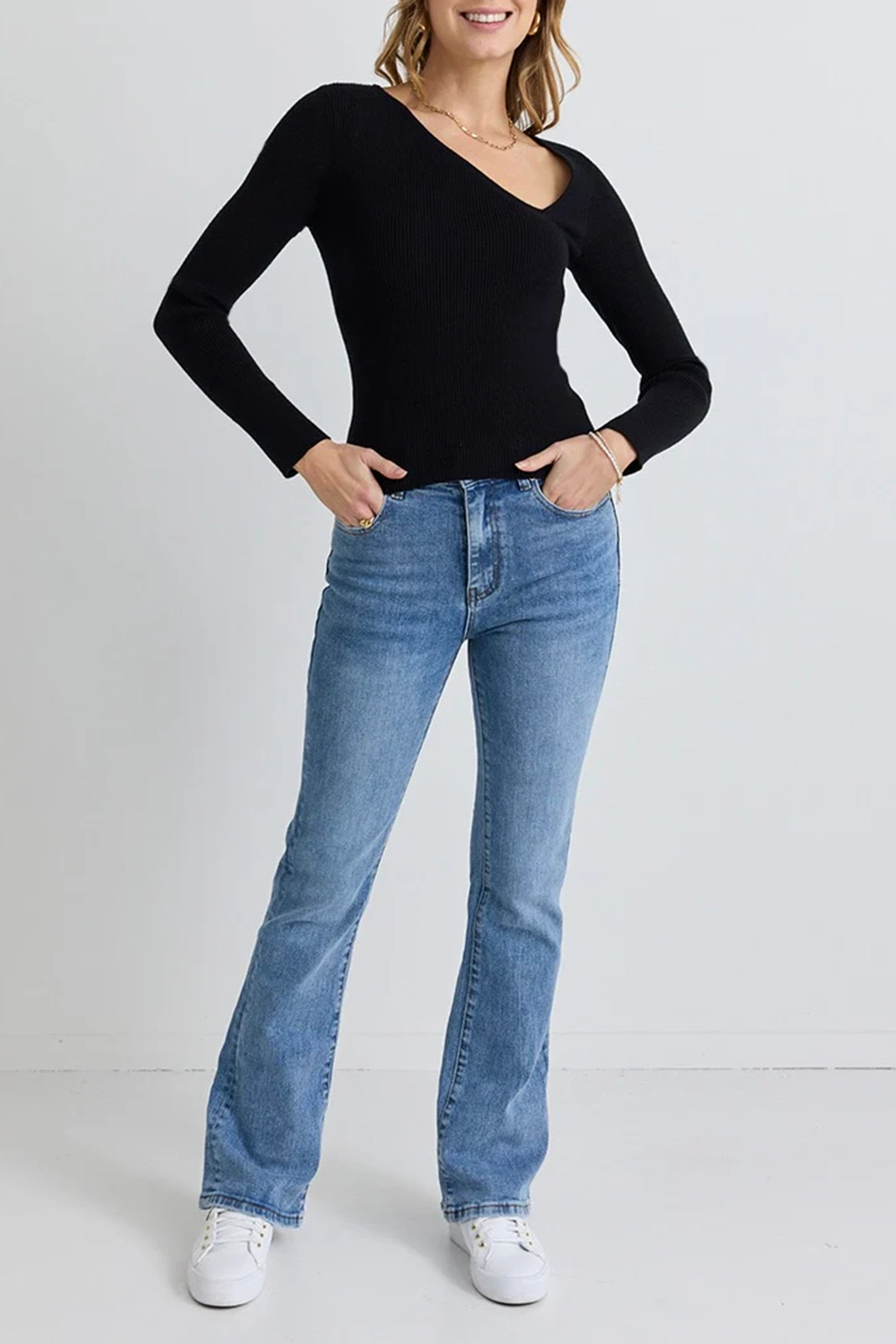 Black Slash Neck Long - Sleeve Rib Top