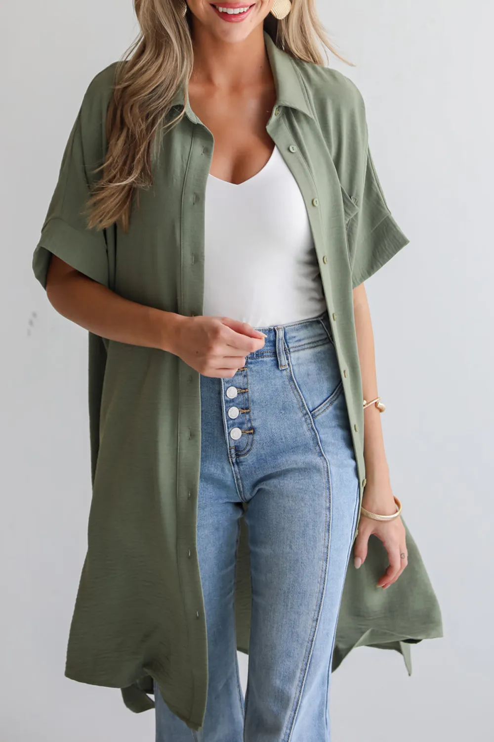 Green Button Front Midi Dress