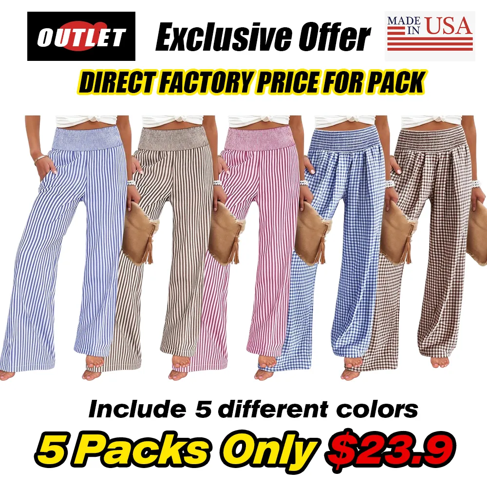 Women's High-Waisted Casual Striped And Checkered Wide-Leg Pants