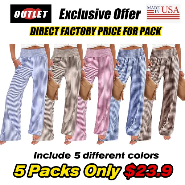 Women's High-Waisted Casual Striped And Checkered Wide-Leg Pants