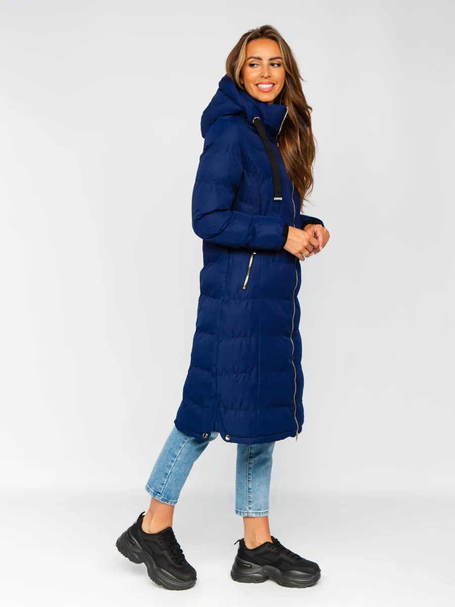 Dark blue women's long quilted winter jacket with hood
