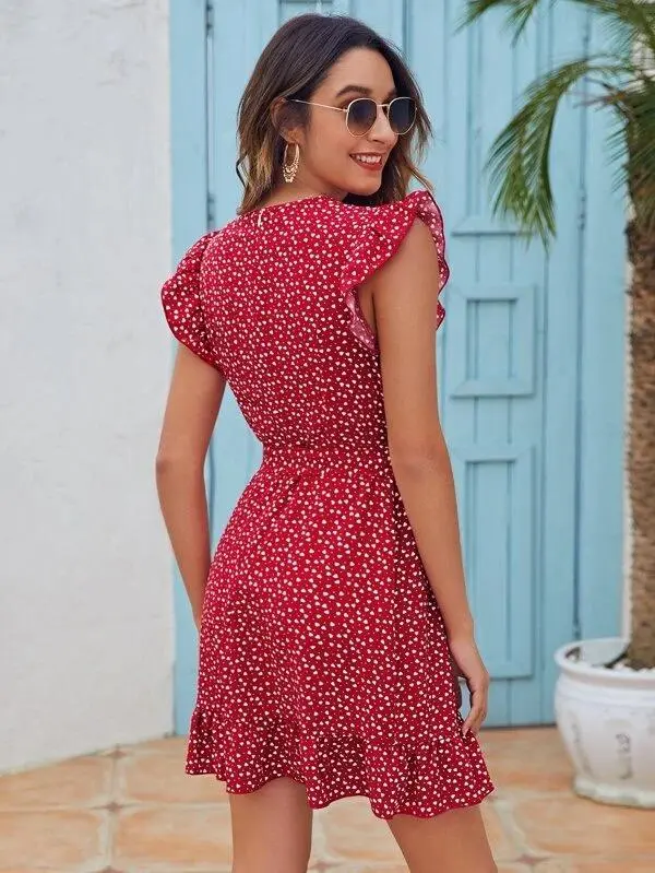 Women Ruffle Trim Allover Heart Belted Dress