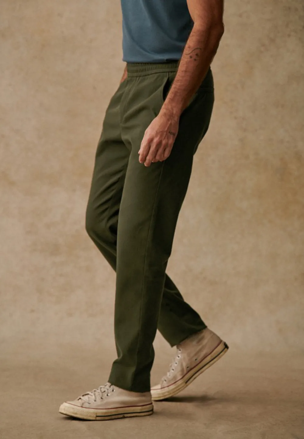 Olive Green Cotton Linen Blend Drawstring Trousers