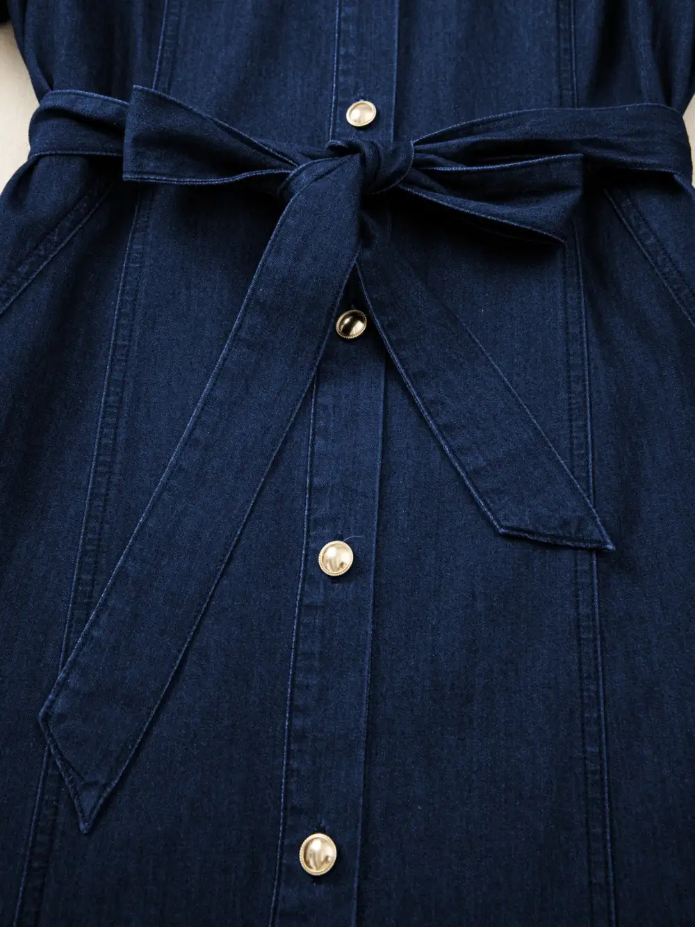 Denim Button Front Tie Waist Midi Dress