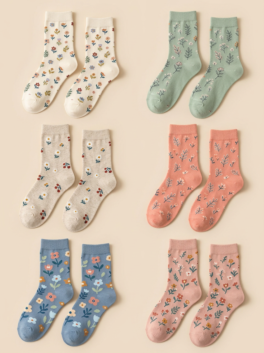 Women's Six-Pair Daisy & Branch Floral Crew Sock Set